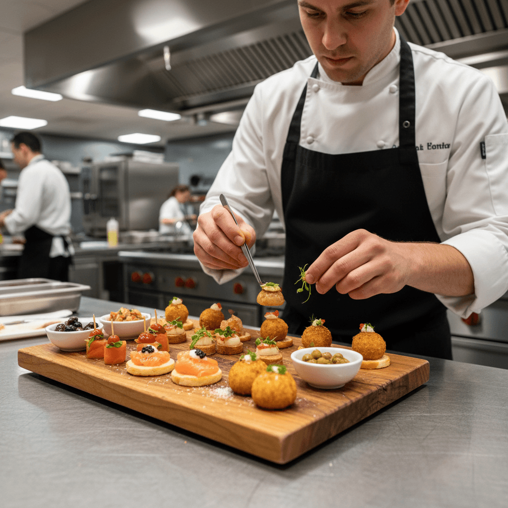 Chef plating appetizers for a catered event