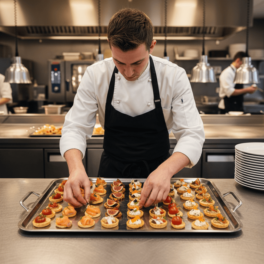 Chef arranging canapés on a tray in a professional kitchen