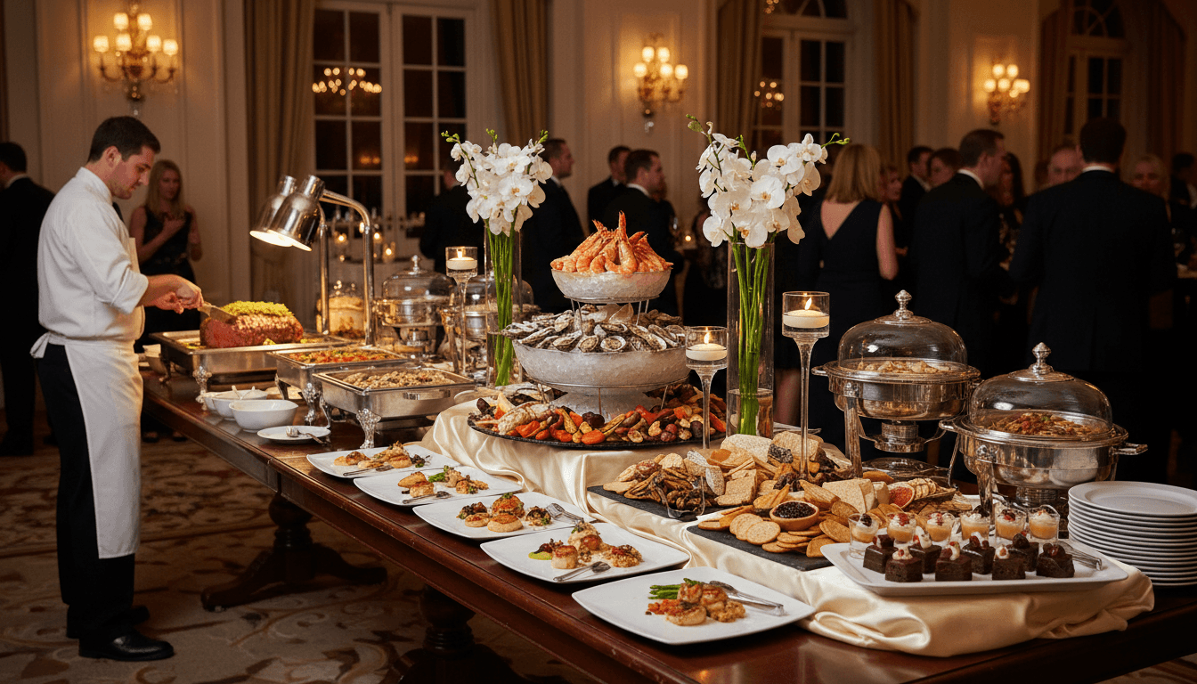 Elegant catering buffet spread with beautifully presented dishes at an upscale event