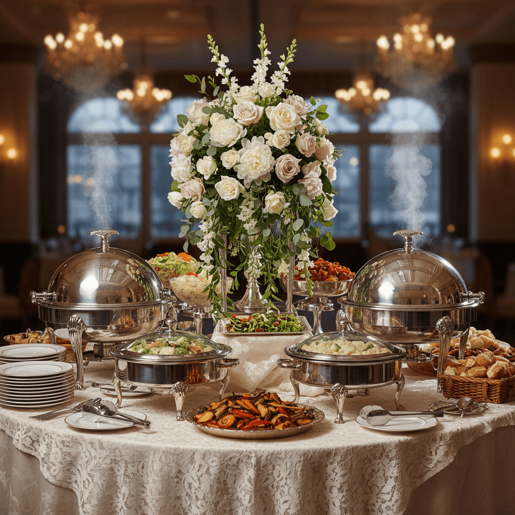 Wedding buffet table with elegant chafing dishes and a floral centerpiece