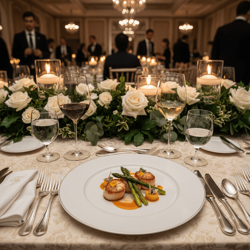 Plated dinner being served at an elegant private event table with wine glasses
