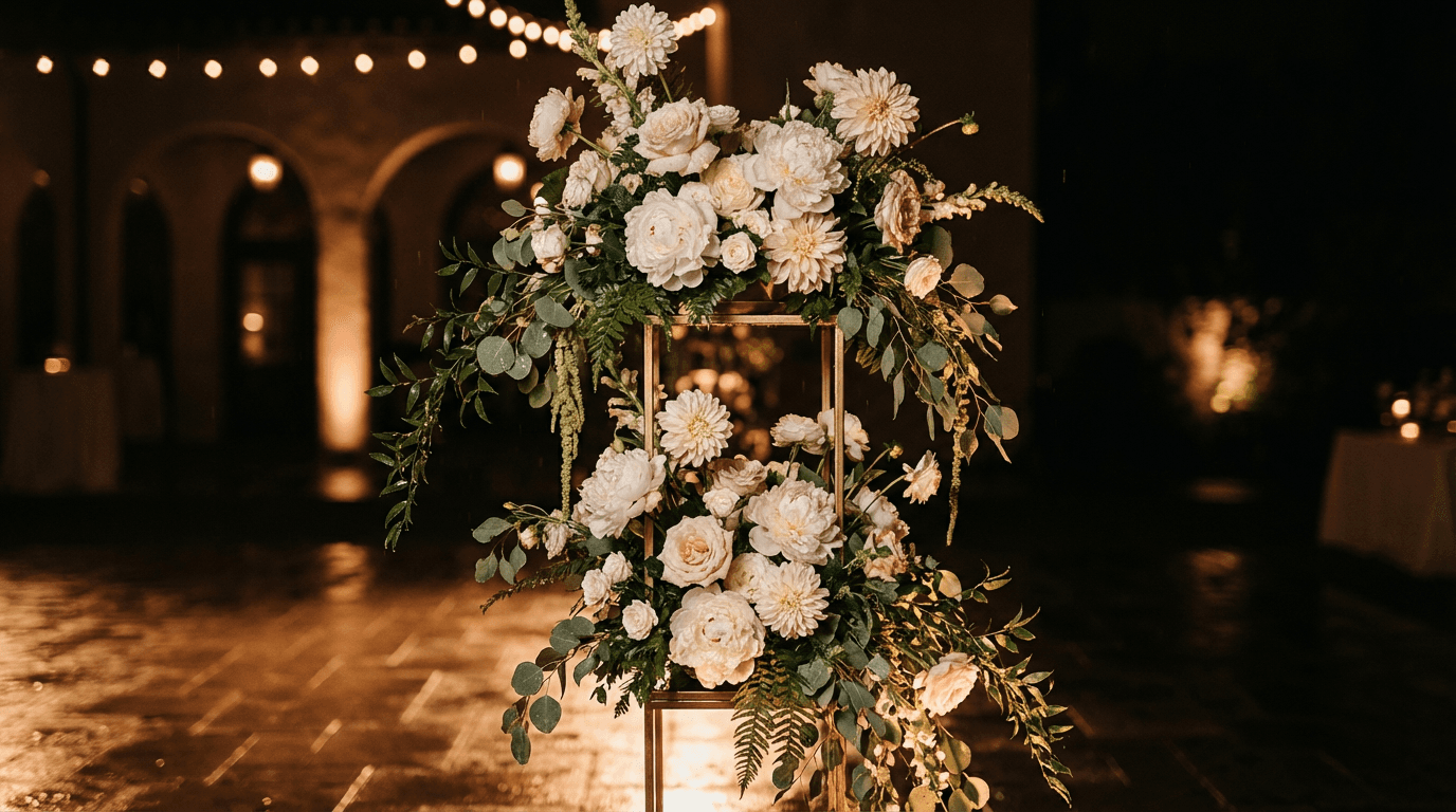 Elegant buffet catering spread with fresh flowers and warm lighting