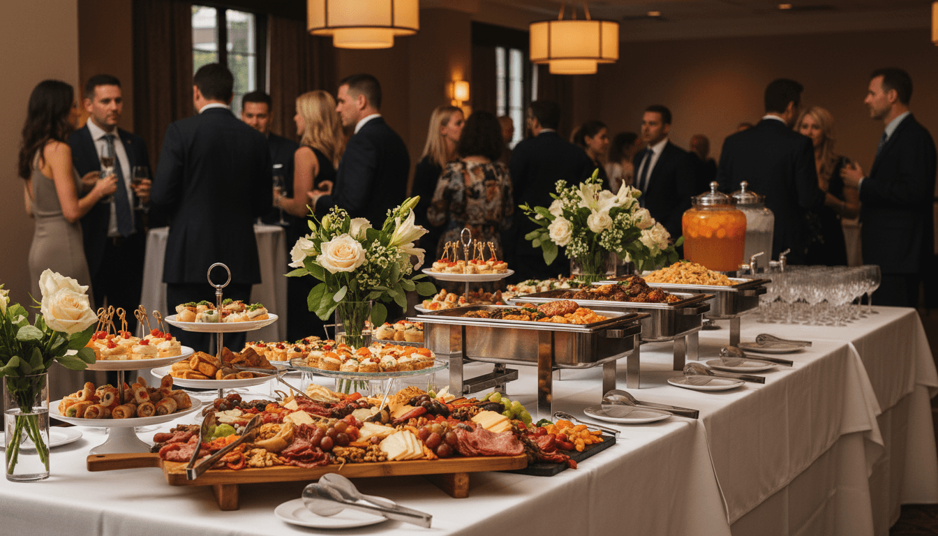 Corporate buffet station with chafing dishes and hot entrees
