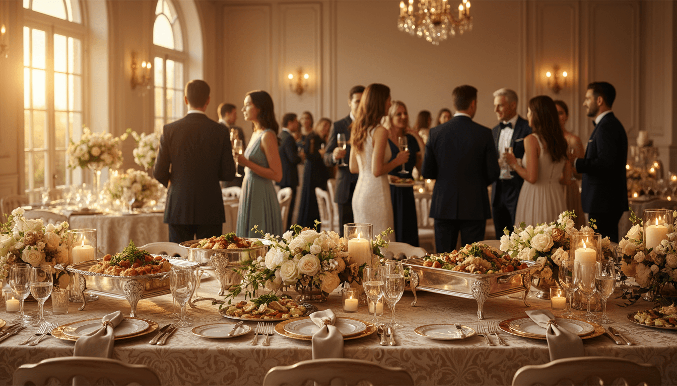 Catering staff serving guests at an upscale event reception with an elegant table setting