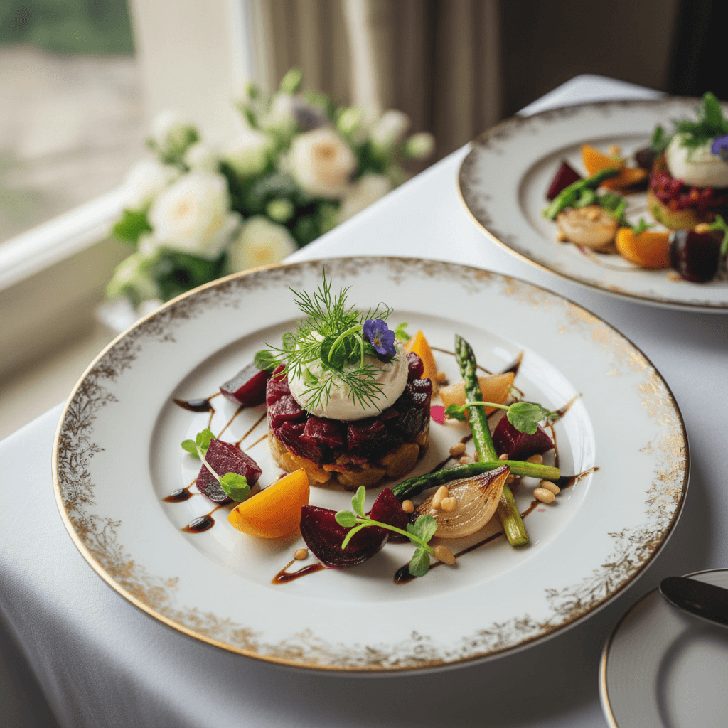 Plated wedding dinner with seared protein and microgreens