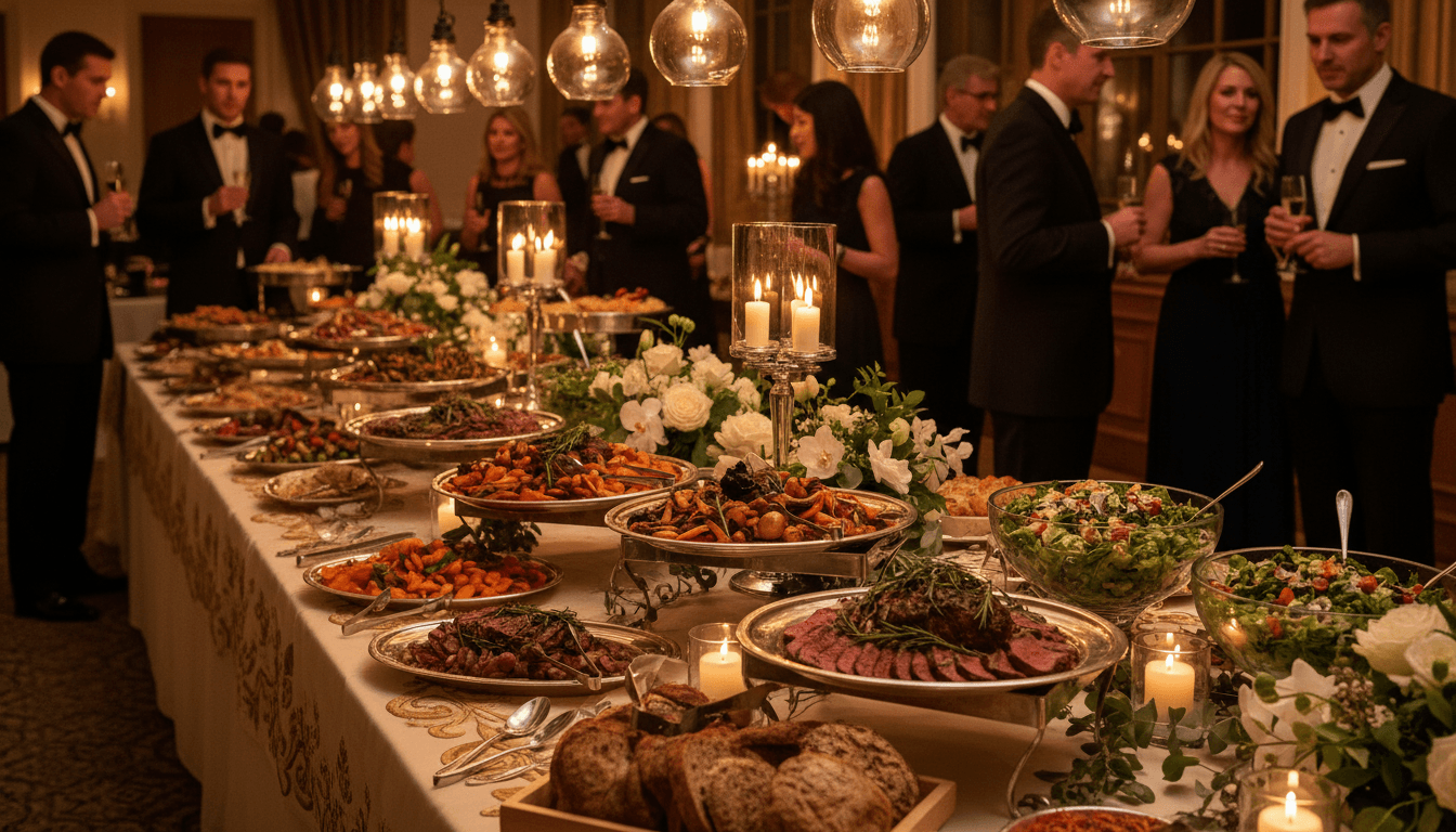 Elegant catering buffet with beautifully presented food at an upscale event