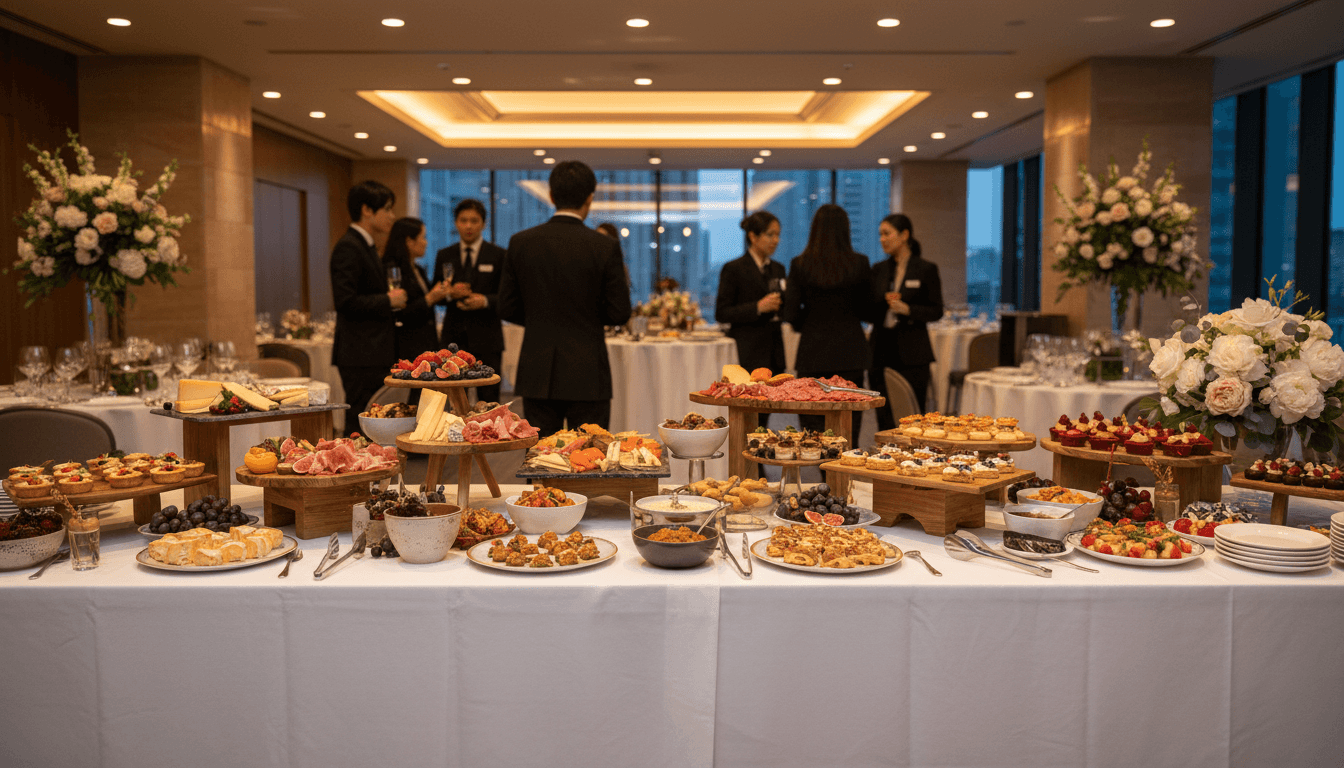 Chef arranging gourmet dishes on a catering buffet table