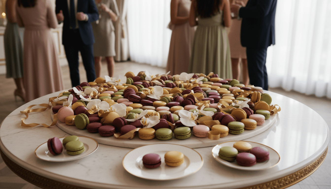 Dessert table with assorted pastries, cake, and macarons