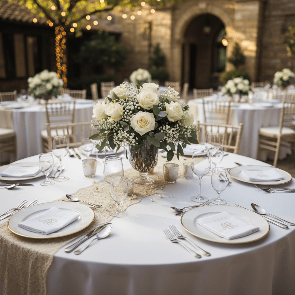 Set wedding table with decorated plates and candle centerpieces