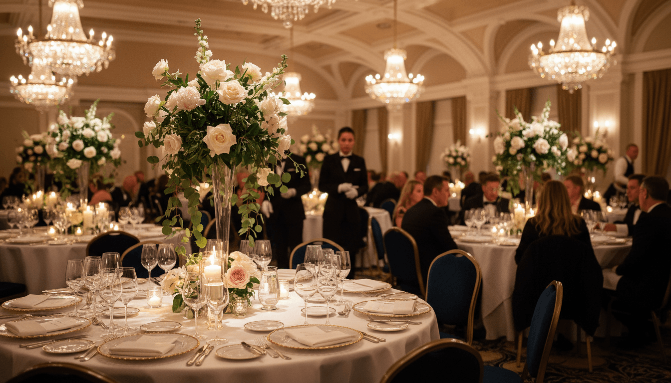 Elegant wedding buffet table with white linen and floral centerpiece in a bright banquet hall