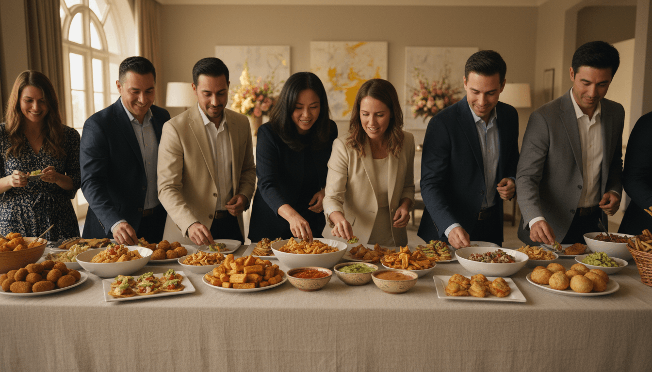 Caterer presenting plated appetizers at a corporate event