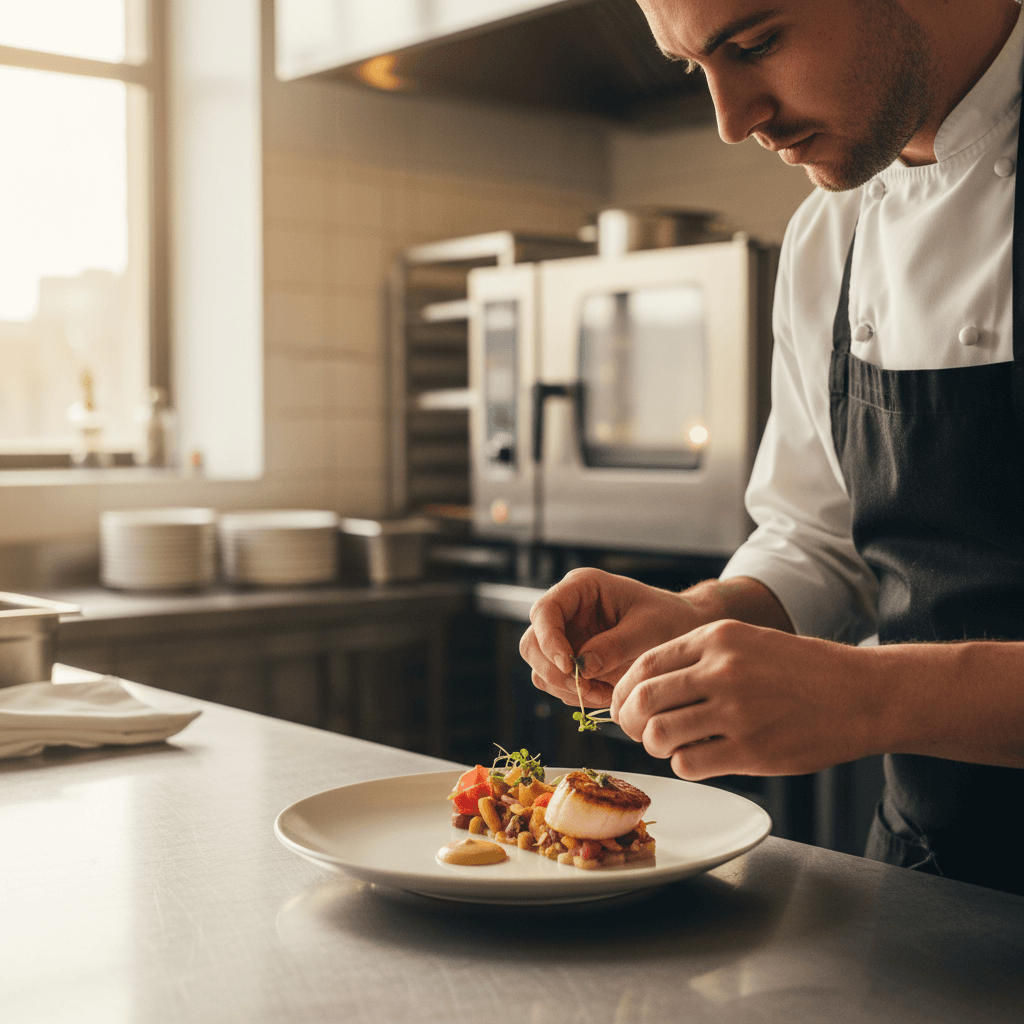 Professional caterer arranging appetizer platters in a modern commercial kitchen