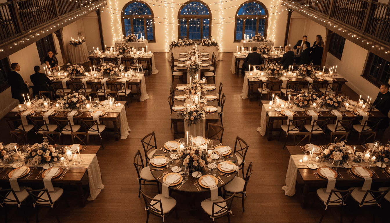 Elegantly decorated wedding reception tables with plated meals